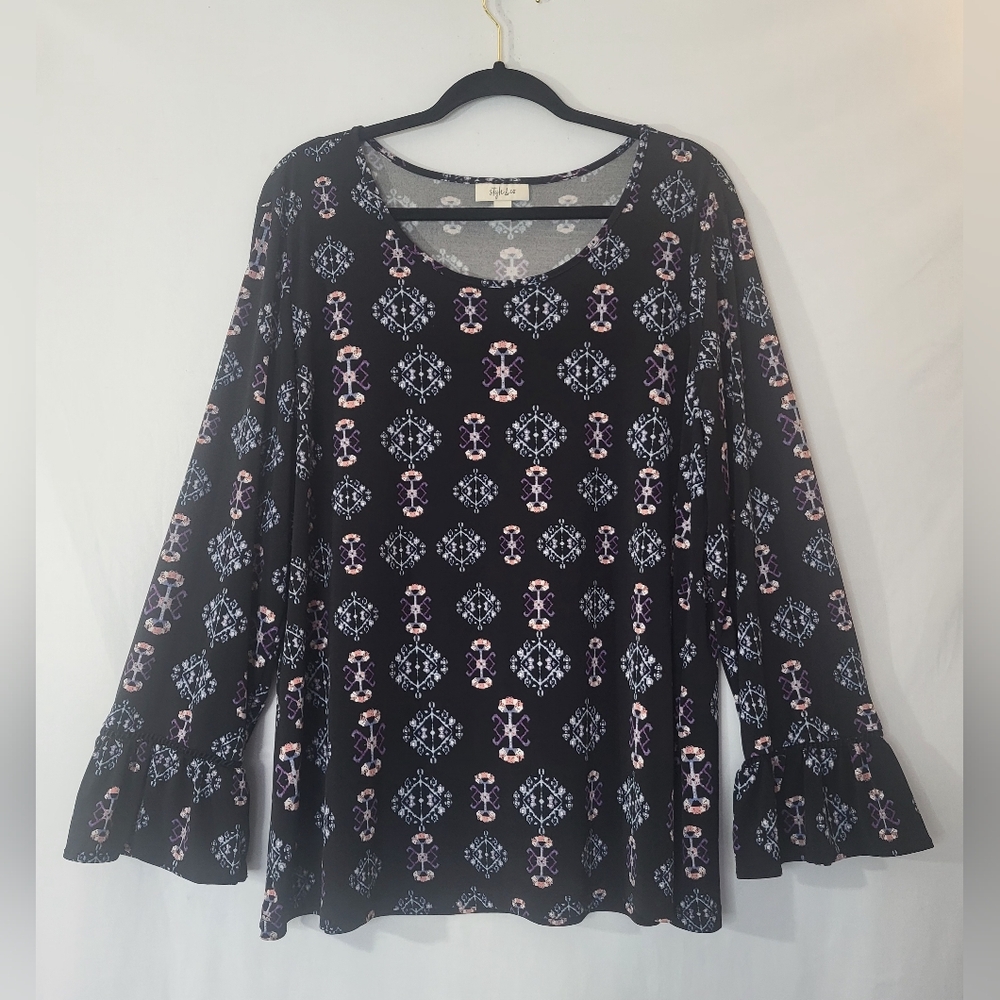 Style & Co Boatneck Long Bell Sleeve Black & Purple Aztec Boho Blouse size XL